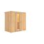 Sauna aus hellem Holz mit geöffneter Tür.