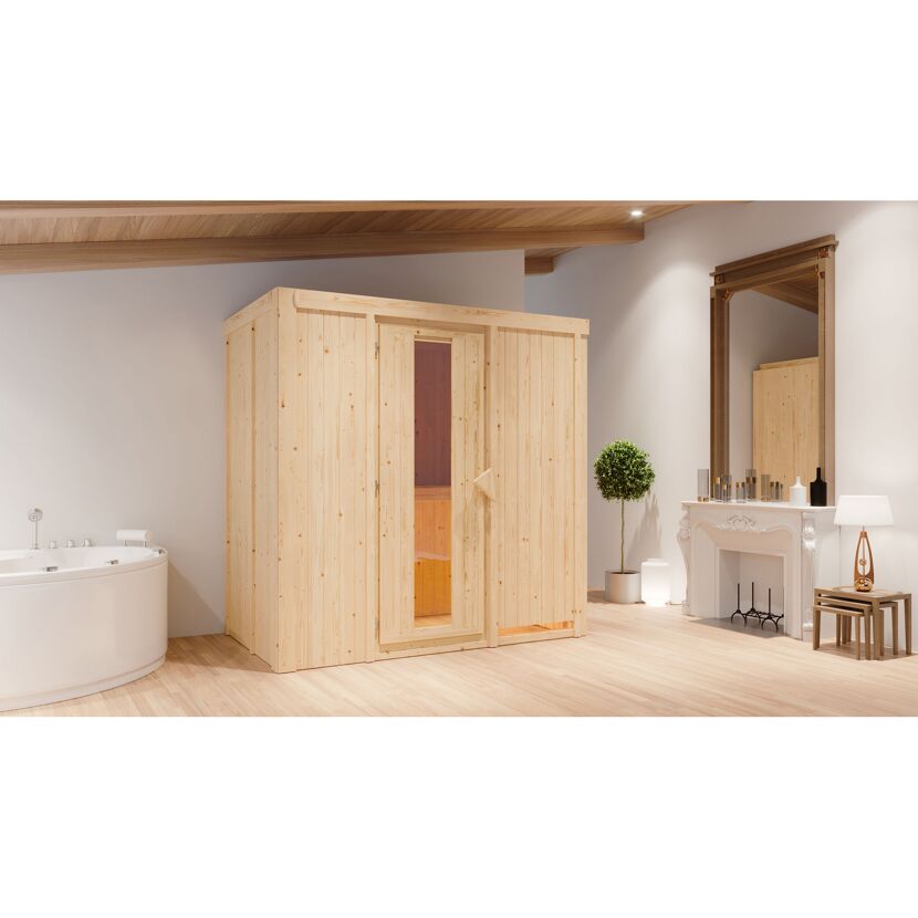 Elementsauna 'Aina' naturbelassen mit Energiespartür 9 kW Ofen integrierte Steuerung 196 x 118 x 198 cm