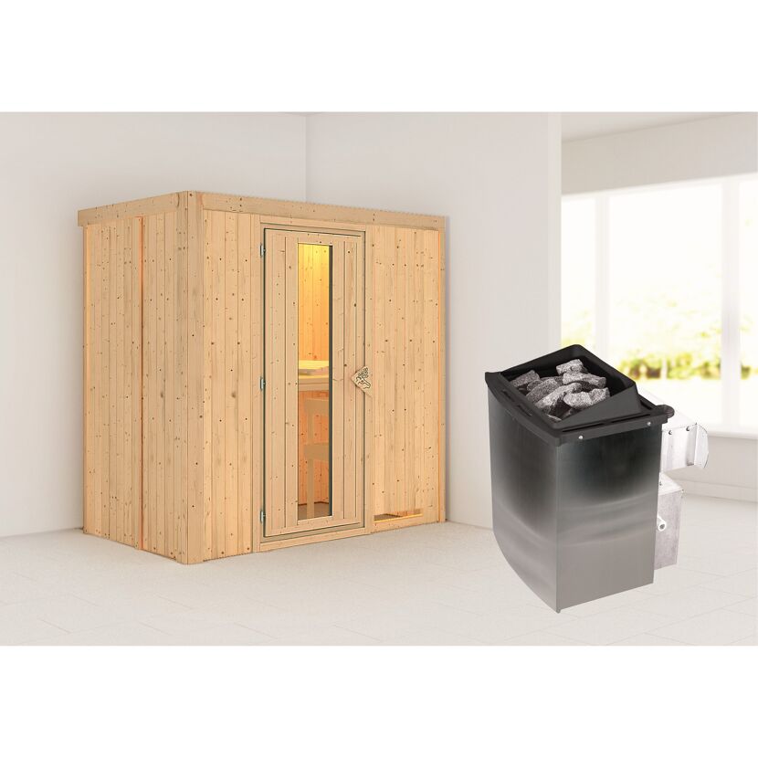 Elementsauna 'Aina' naturbelassen mit Energiespartür 9 kW Ofen integrierte Steuerung 196 x 118 x 198 cm