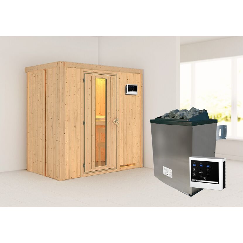 Sauna aus hellem Holz mit Saunaofen