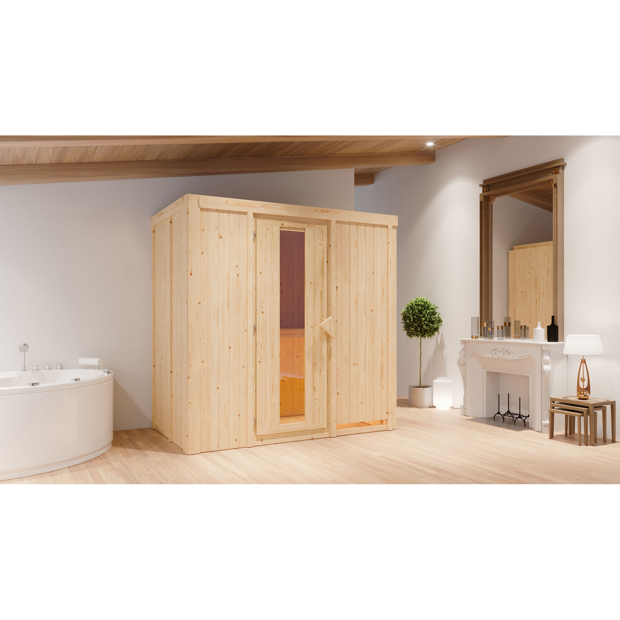 Elementsauna 'Aina' naturbelassen mit Energiespartür 9 kW Bio-Ofen externe Steuerung Easy 196 x 118 x 198 cm + product picture