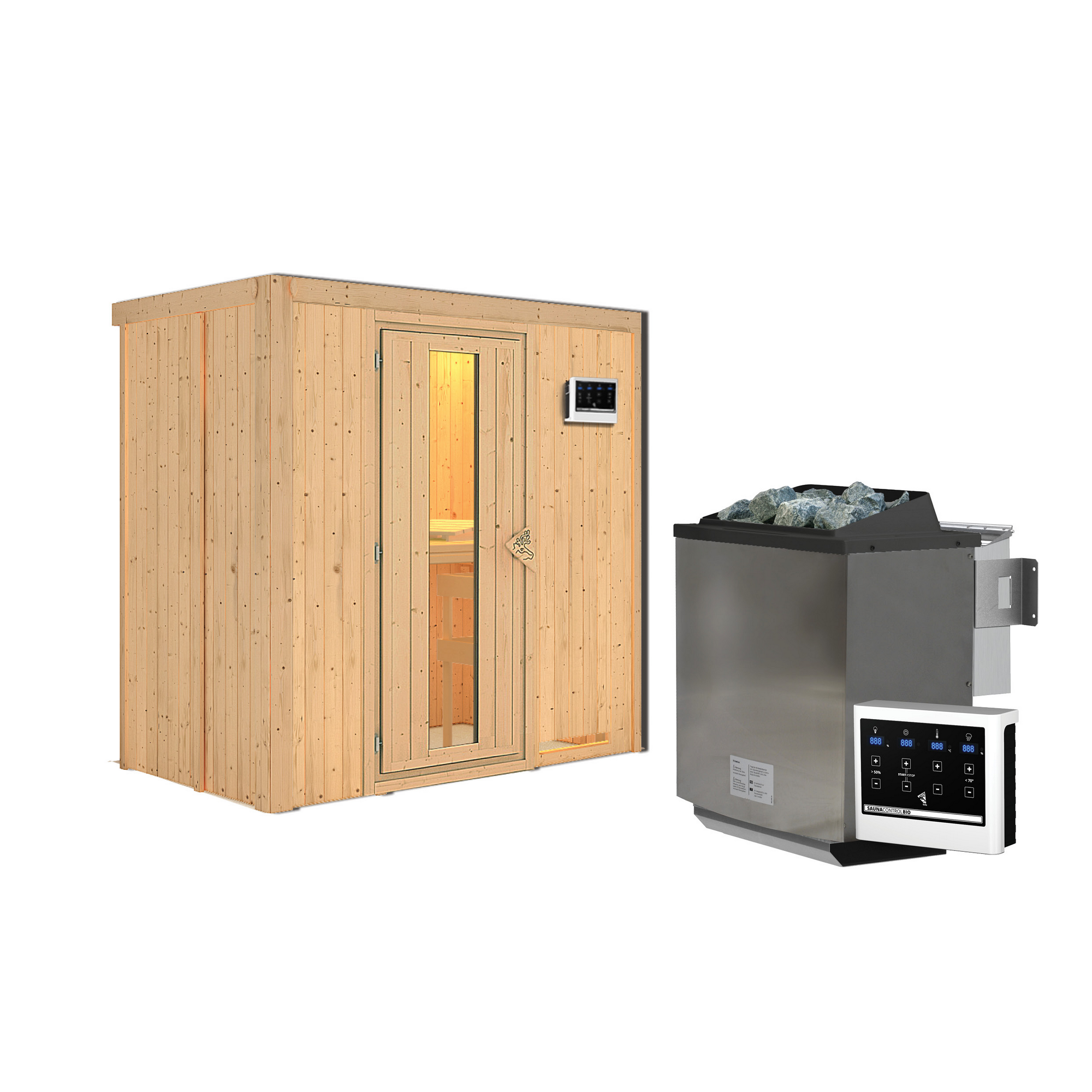 Elementsauna 'Aina' naturbelassen mit Energiespartür 9 kW Bio-Ofen externe Steuerung Easy 196 x 118 x 198 cm + product picture