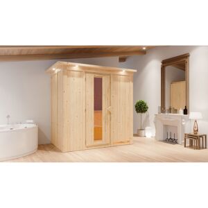 Elementsauna 'Aina' naturbelassen mit Kranz und Energiespartür 9 kW Ofen integrierte Steuerung 210 x 132 x 202 cm