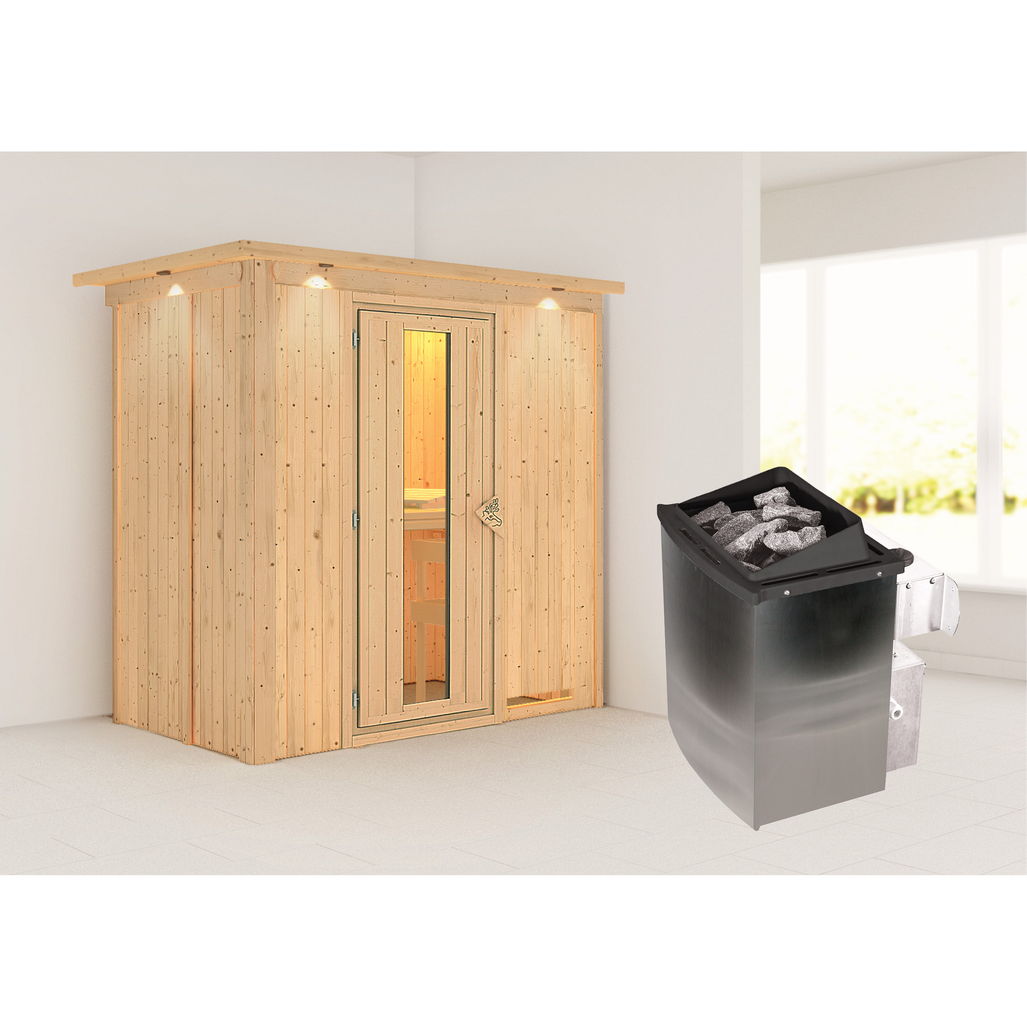 Elementsauna 'Aina' naturbelassen mit Kranz und Energiespartür 9 kW Ofen integrierte Steuerung 210 x 132 x 202 cm