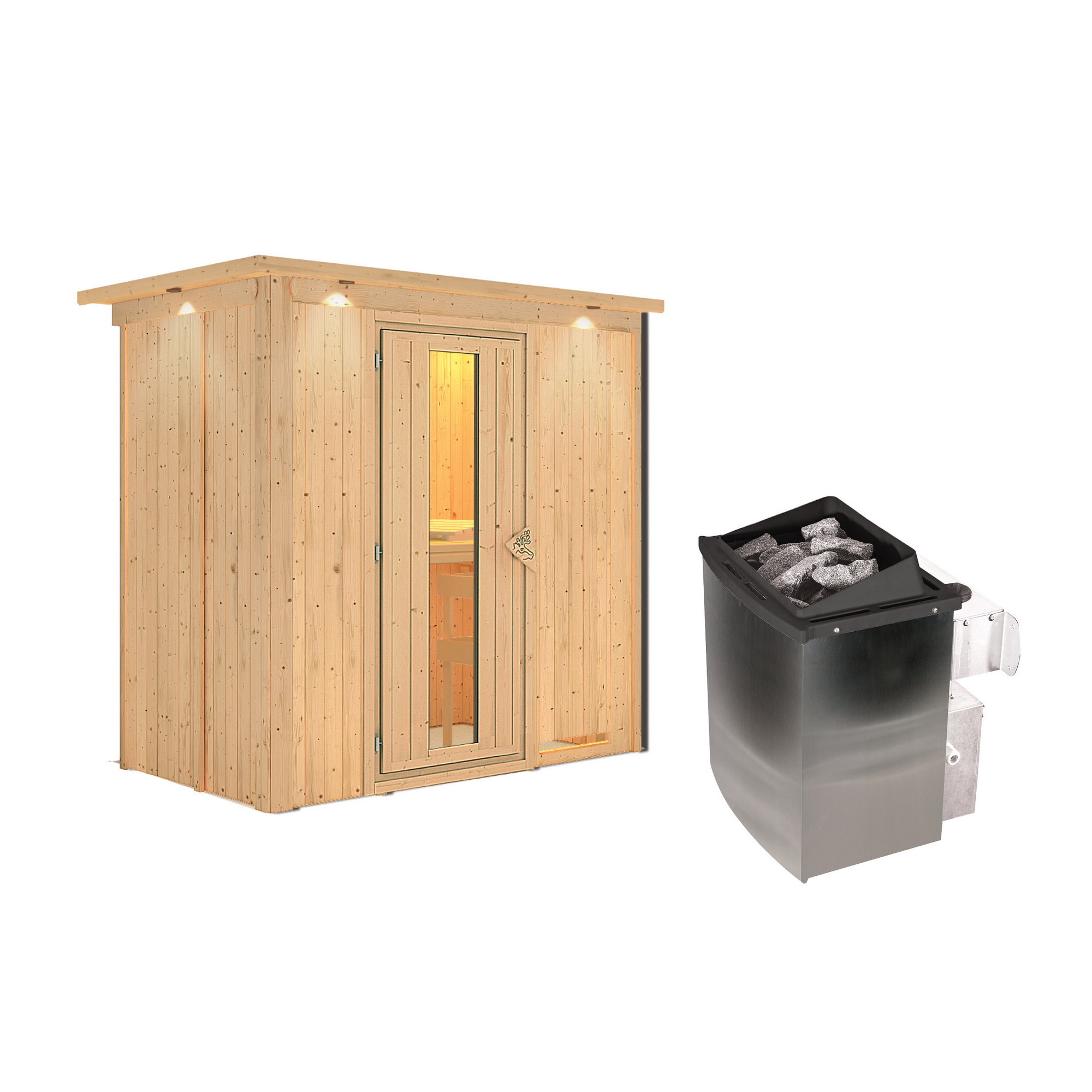 Elementsauna 'Aina' naturbelassen mit Kranz und Energiespartür 9 kW Ofen integrierte Steuerung 210 x 132 x 202 cm
