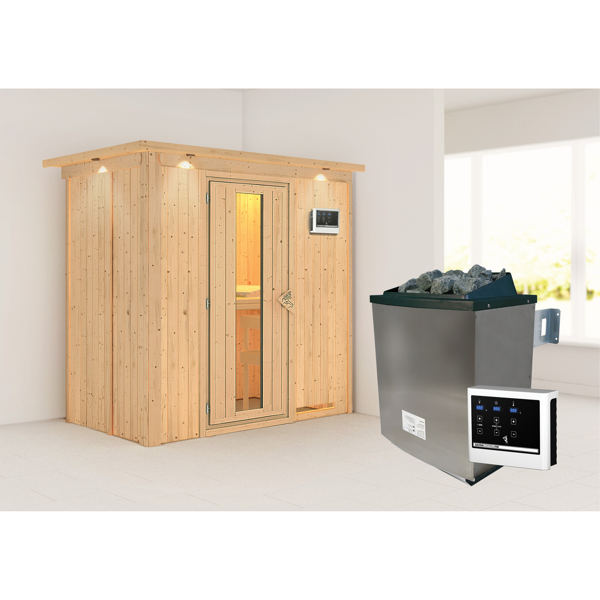 Elementsauna 'Aina' naturbelassen mit Kranz und Energiespartür 9 kW Ofen externe Steuerung Easy 210 x 132 x 202 cm