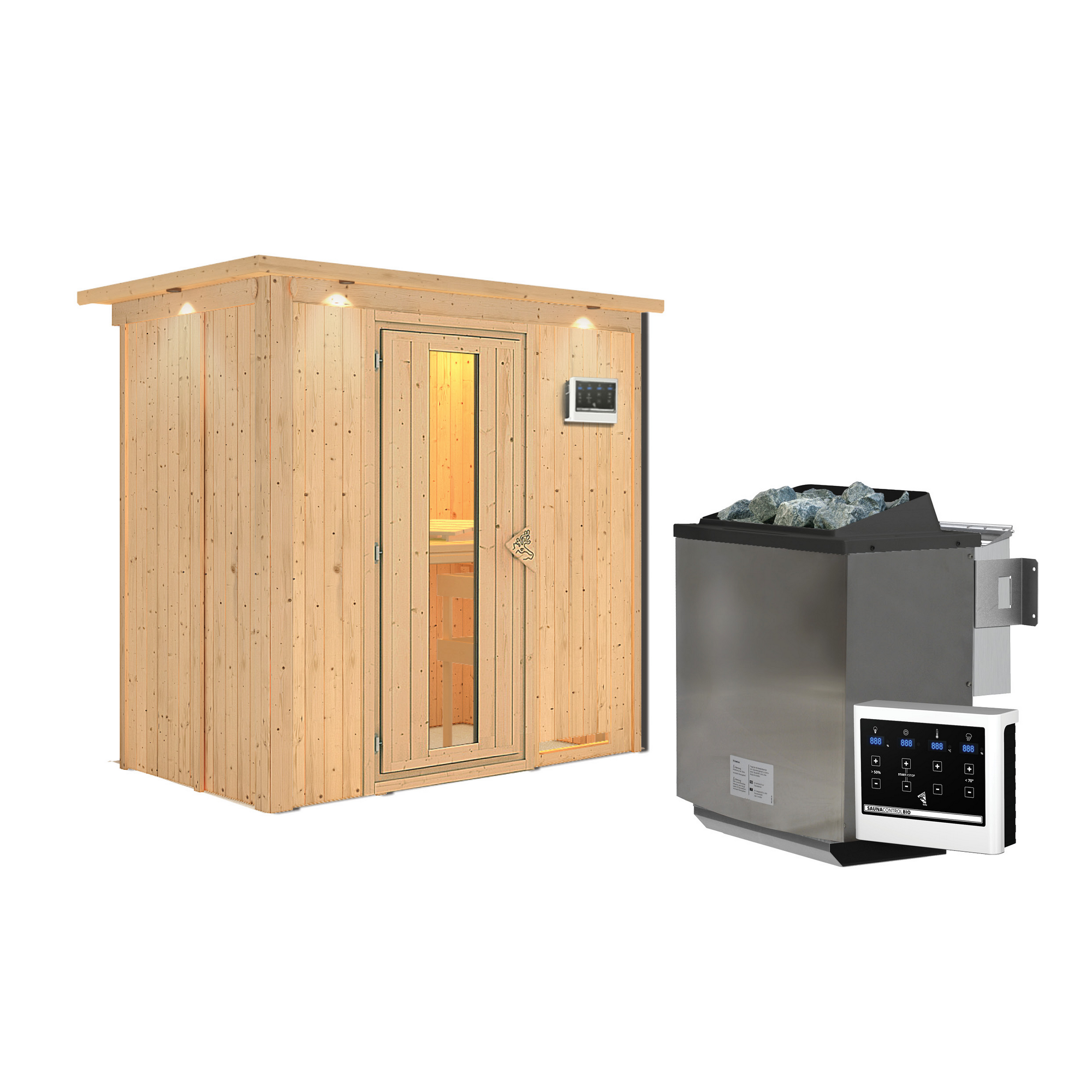 Elementsauna 'Aina' naturbelassen mit Kranz und Energiespartür 9 kW Bio-Ofen externe Steuerung Easy 210 x 132 x 202 cm