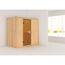 Sauna aus hellem Holz mit geöffneter Glastür