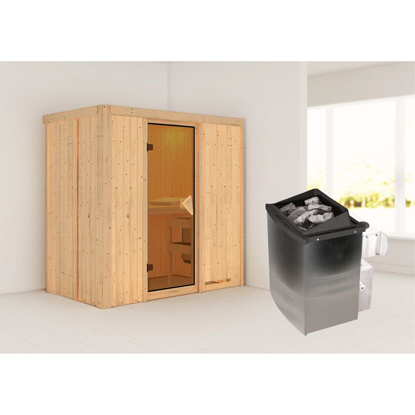 Sauna aus hellem Holz mit Saunaofen