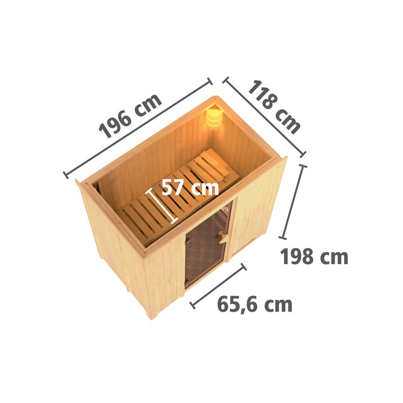Sauna aus Holz mit geöffneter Tür und Maßen