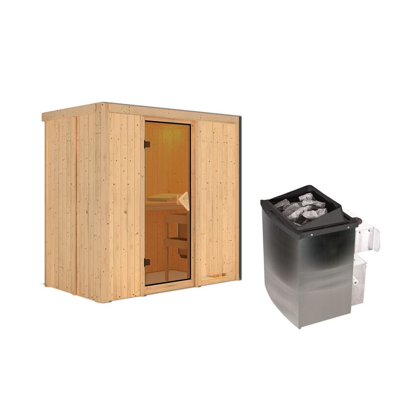 Sauna aus hellem Holz mit Saunaofen