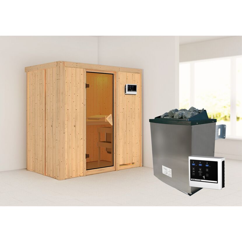 Sauna aus hellem Holz mit Saunaofen