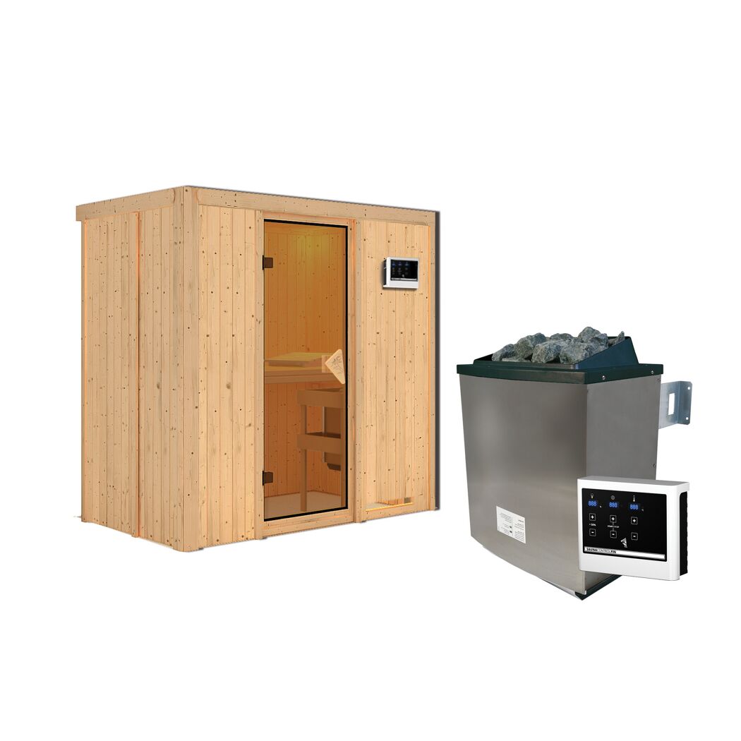 Sauna aus hellem Holz mit Saunaofen