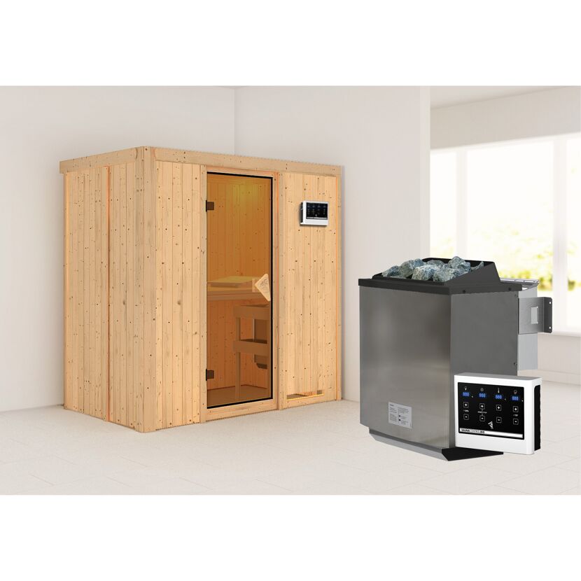 Elementsauna 'Aina' naturbelassen 9 kW Bio-Ofen externe Steuerung Easy 196 x 118 x 198 cm