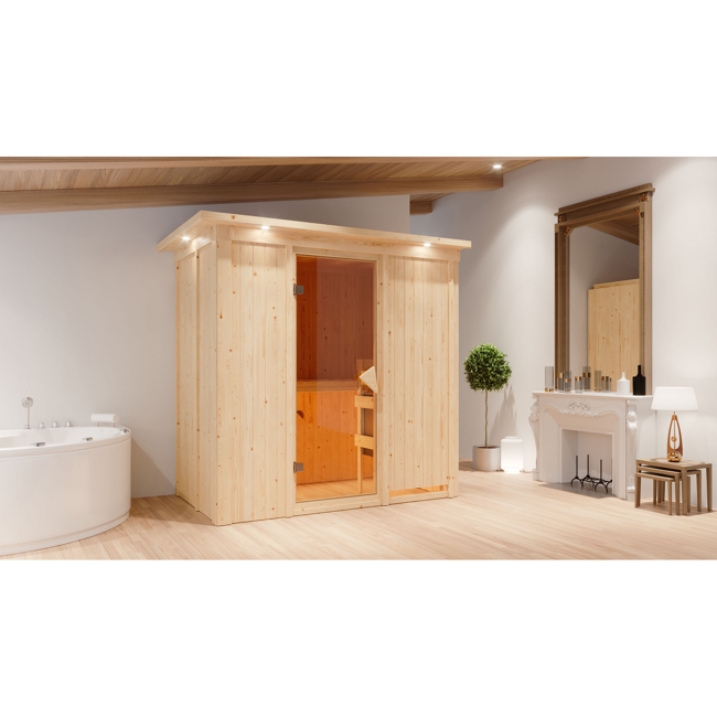 Bild von Elementsauna 'Aina' naturbelassen mit Kranz und bronzierter Tür 9 kW Ofen integrierte Steuerung 210 x 132 x 202 cm