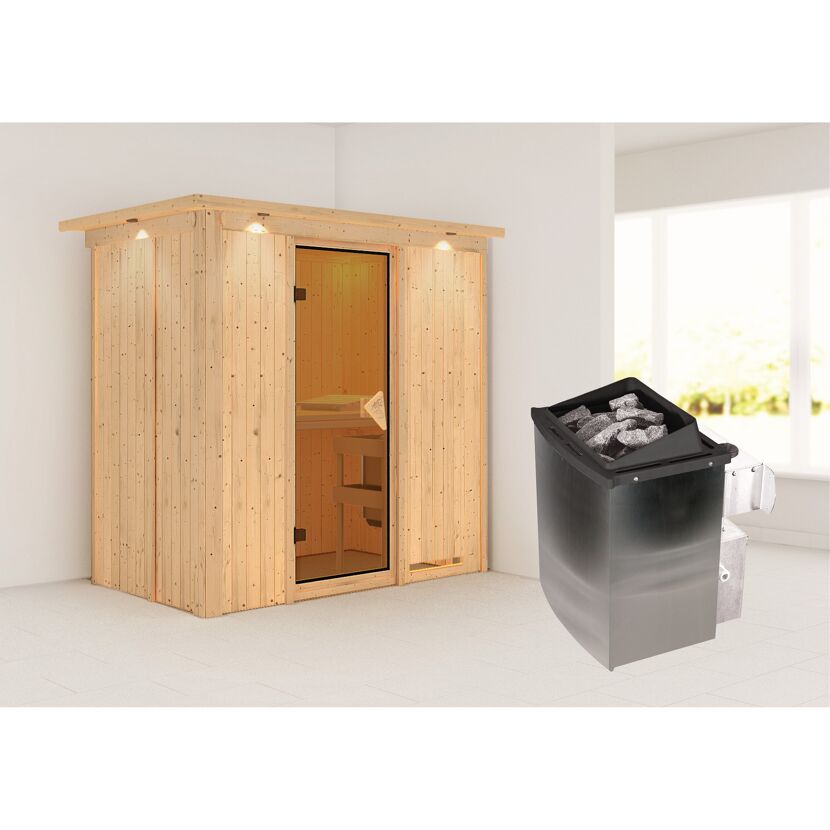 Sauna aus Holz mit Saunaofen