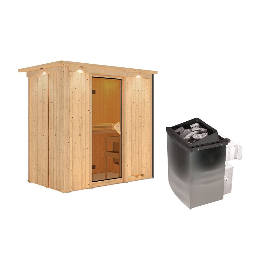 Außenansicht einer Sauna aus Holz mit Saunaofen