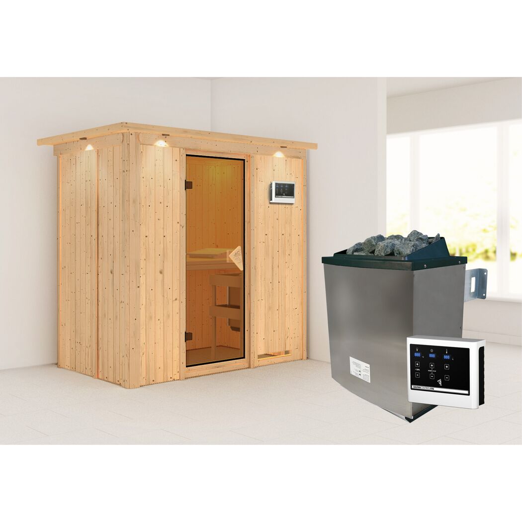 Elementsauna 'Aina' naturbelassen mit Kranz und bronzierter Tür 9 kW Ofen externe Steuerung Easy 210 x 132 x 202 cm