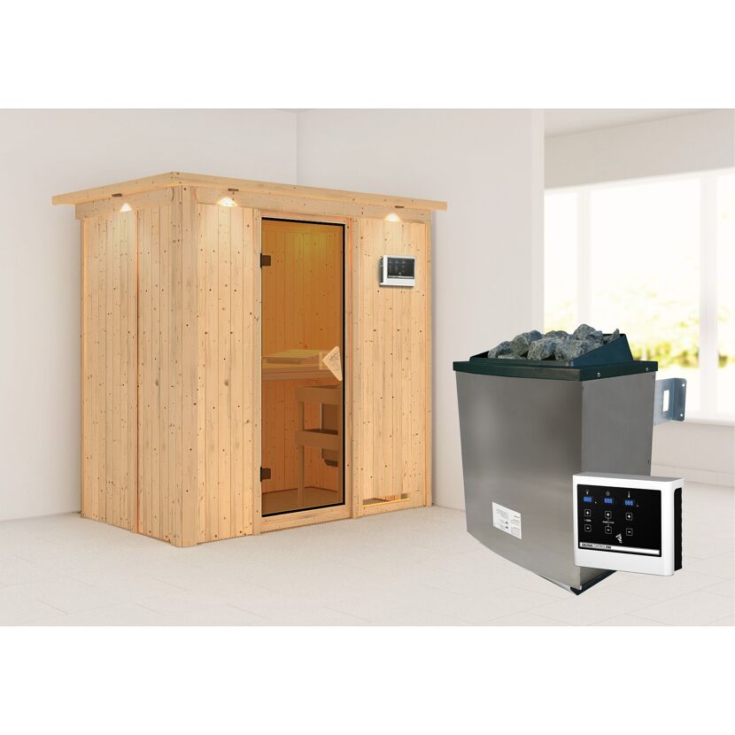 Elementsauna 'Aina' naturbelassen mit Kranz und bronzierter Tür 9 kW Ofen externe Steuerung Easy 210 x 132 x 202 cm