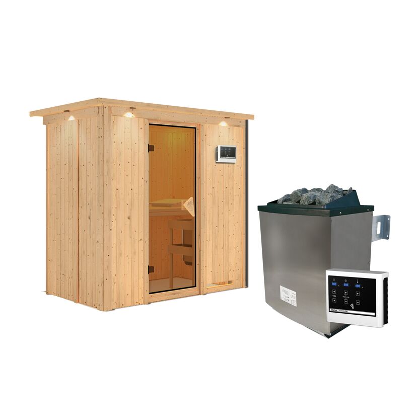 Elementsauna 'Aina' naturbelassen mit Kranz und bronzierter Tür 9 kW Ofen externe Steuerung Easy 210 x 132 x 202 cm