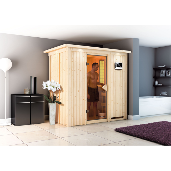 Bild von Elementsauna 'Aina' naturbelassen mit Kranz und bronzierter Tür 9 kW Bio-Ofen externe Steuerung Easy 210 x 132 x 202 cm