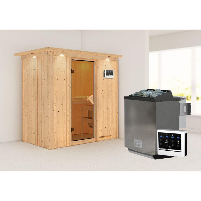 Sauna aus Holz mit Saunaofen