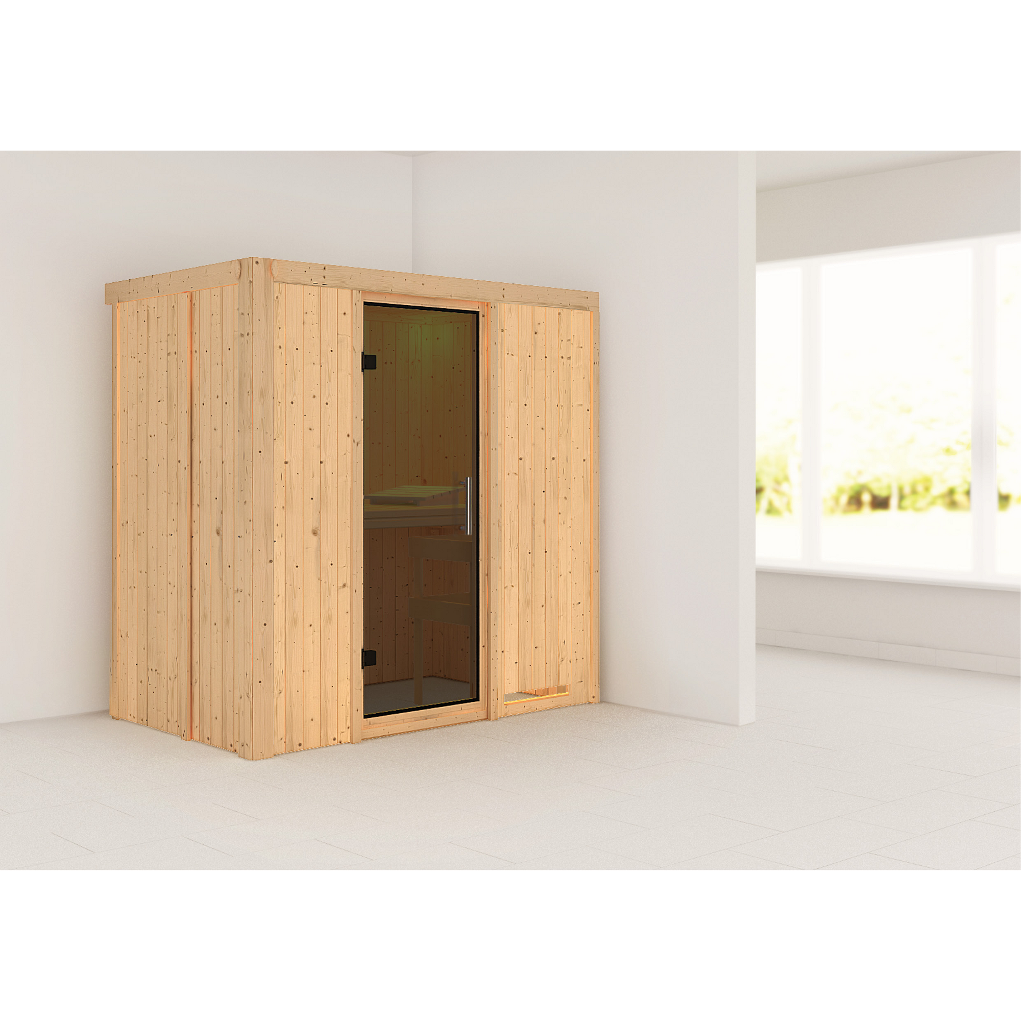 Sauna aus hellem Holz mit Glastür