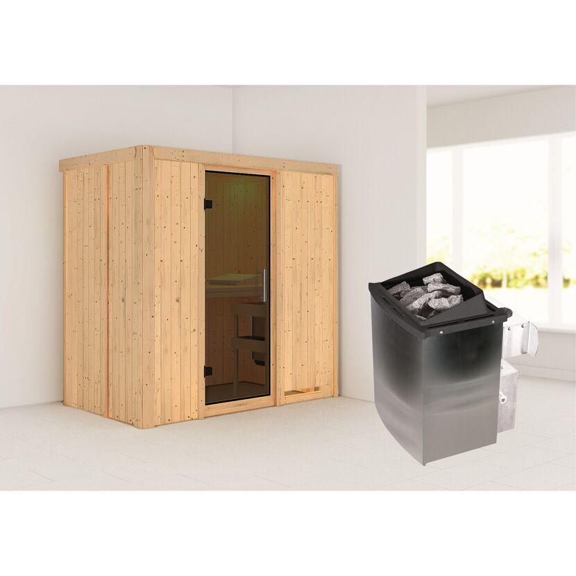 Ecksauna aus hellem Holz mit Saunaofen