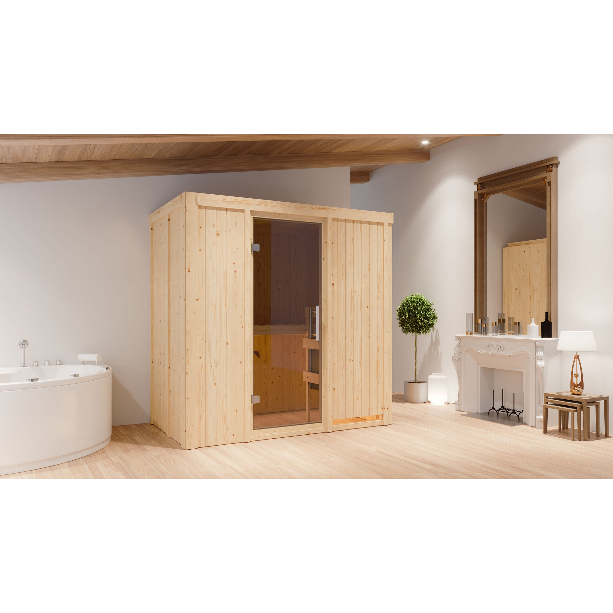 Elementsauna 'Aina' naturbelassen mit graphitfarbener Tür 9 kW Ofen externe Steuerung Easy 196 x 118 x 198 cm + product picture