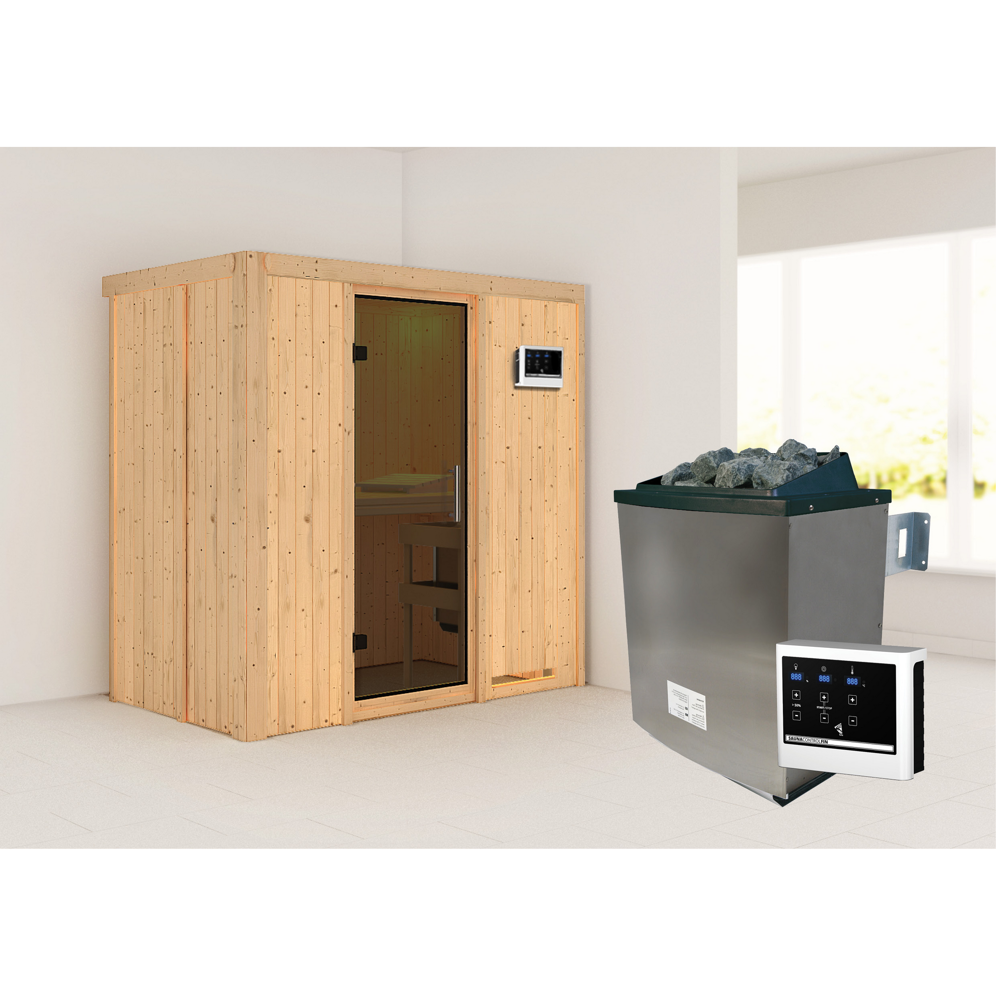 Elementsauna 'Aina' naturbelassen mit graphitfarbener Tür 9 kW Ofen externe Steuerung Easy 196 x 118 x 198 cm + product picture