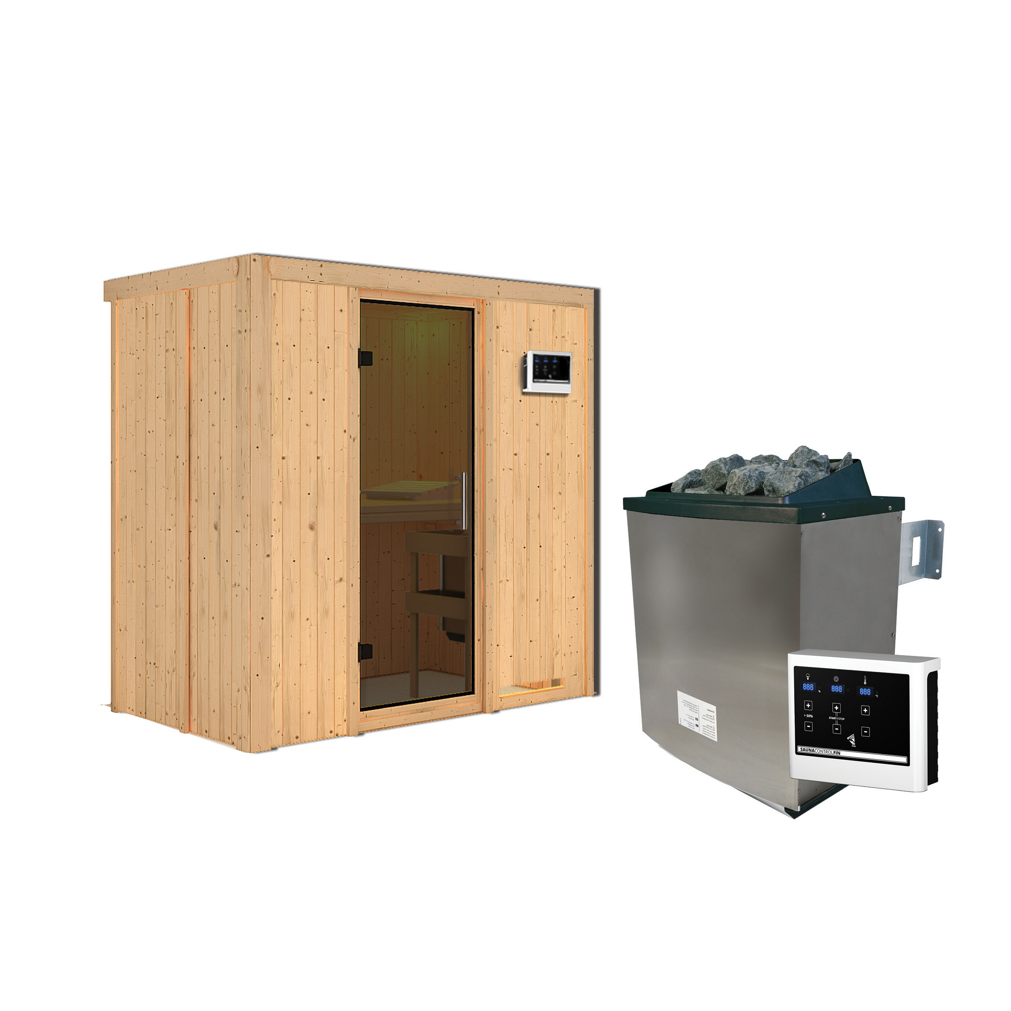 Elementsauna 'Aina' naturbelassen mit graphitfarbener Tür 9 kW Ofen externe Steuerung Easy 196 x 118 x 198 cm + product picture