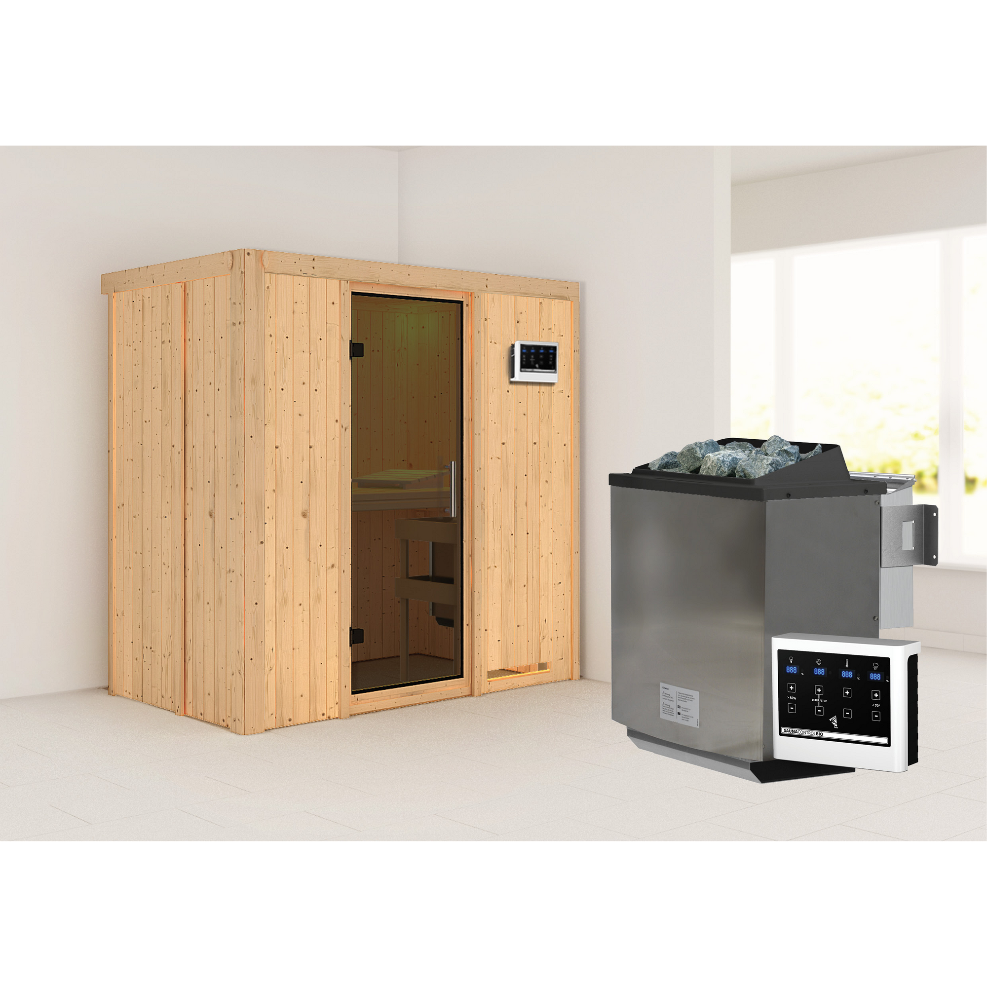 Elementsauna 'Aina' naturbelassen mit graphitfarbener Tür 9 kW Bio-Ofen externe Steuerung Easy 196 x 118 x 198 cm + product picture