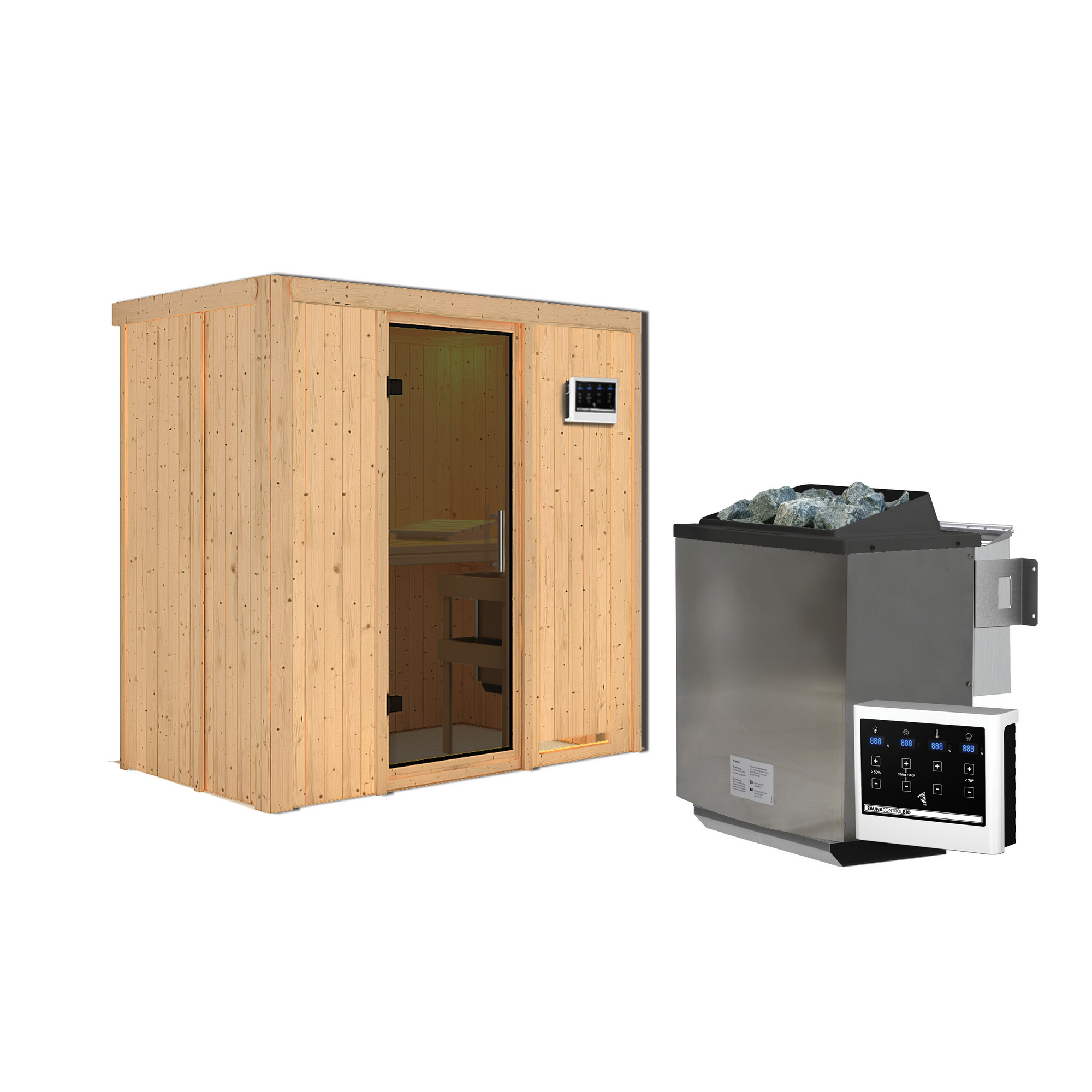 Elementsauna 'Aina' naturbelassen mit graphitfarbener Tür 9 kW Bio-Ofen externe Steuerung Easy 196 x 118 x 198 cm + product picture