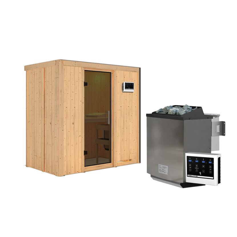 Elementsauna 'Aina' naturbelassen mit graphitfarbener Tür 9 kW Bio-Ofen externe Steuerung Easy 196 x 118 x 198 cm