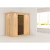 Sauna aus hellem Holz in einem hellen Raum.