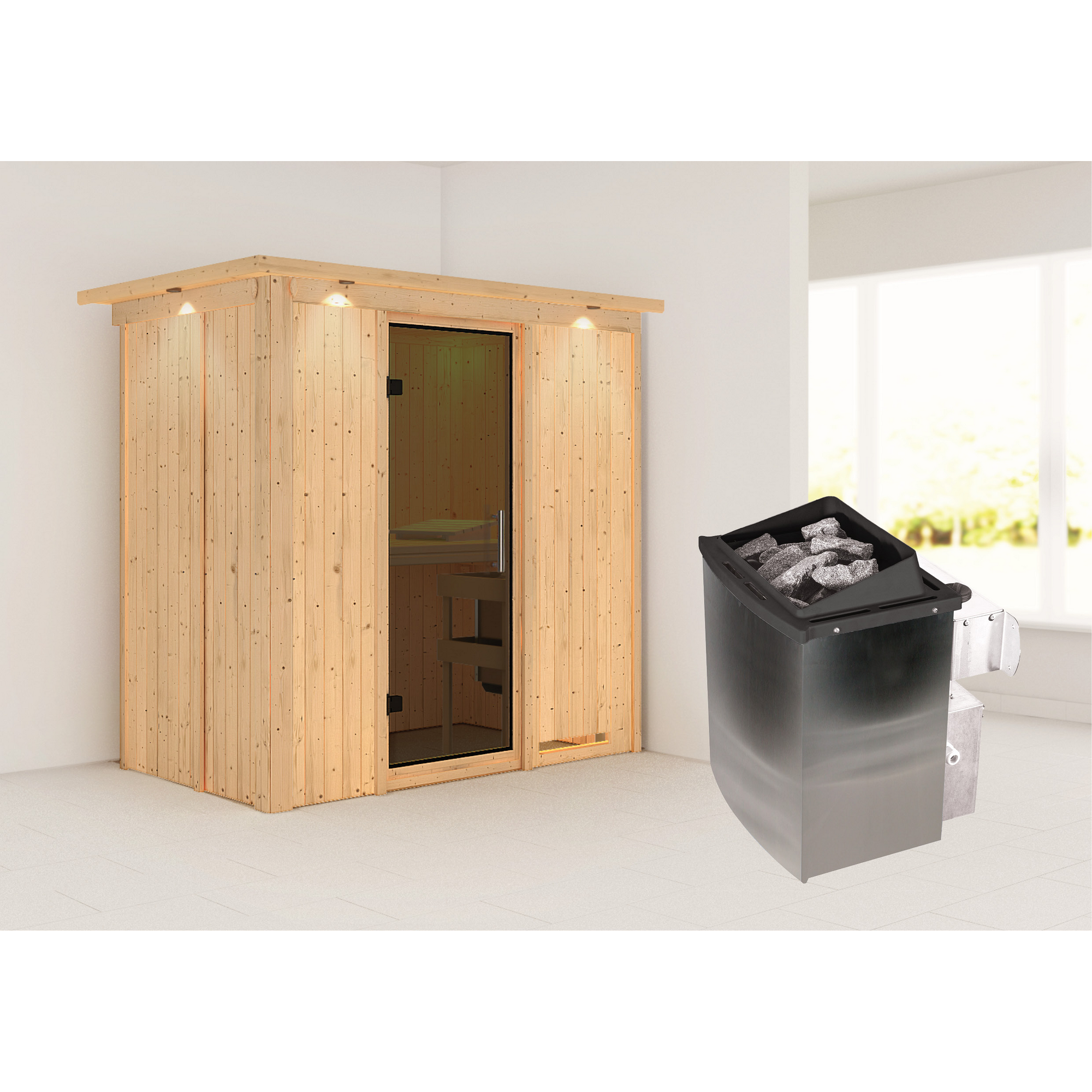 Elementsauna 'Aina' naturbelassen mit Kranz und graphitfarbener Tür 9 kW Ofen integrierte Steuerung 210 x 132 x 202 cm + product picture