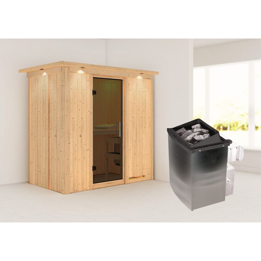 Elementsauna 'Aina' naturbelassen mit Kranz und graphitfarbener Tür 9 kW Ofen integrierte Steuerung 210 x 132 x 202 cm
