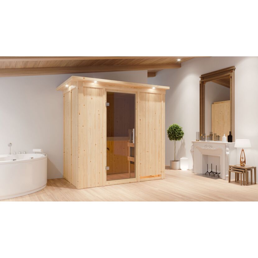 Elementsauna 'Aina' naturbelassen mit Kranz und graphitfarbener Tür 9 kW Ofen externe Steuerung Easy 210 x 132 x 202 cm