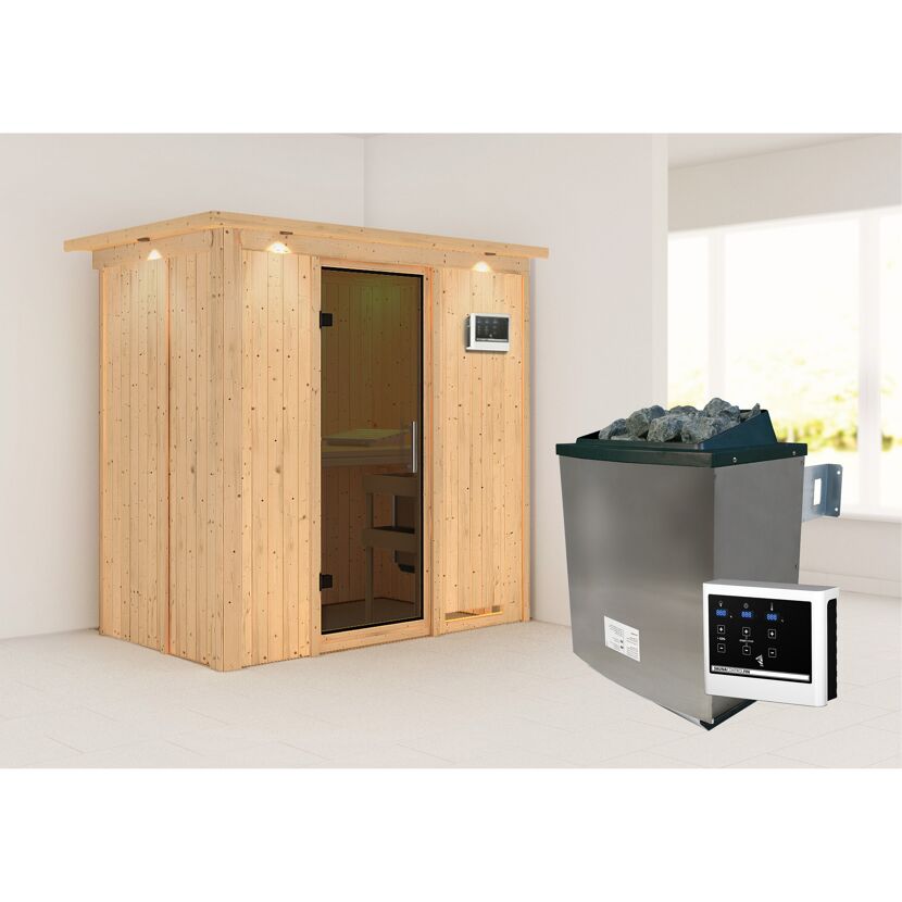 Elementsauna 'Aina' naturbelassen mit Kranz und graphitfarbener Tür 9 kW Ofen externe Steuerung Easy 210 x 132 x 202 cm