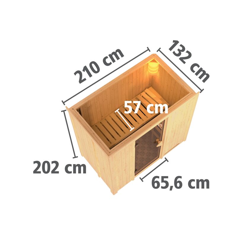 Elementsauna 'Aina' naturbelassen mit Kranz und graphitfarbener Tür 9 kW Ofen externe Steuerung Easy 210 x 132 x 202 cm