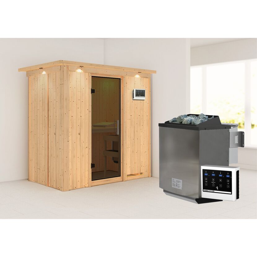 Sauna aus Holz mit Saunaofen und Steuerung