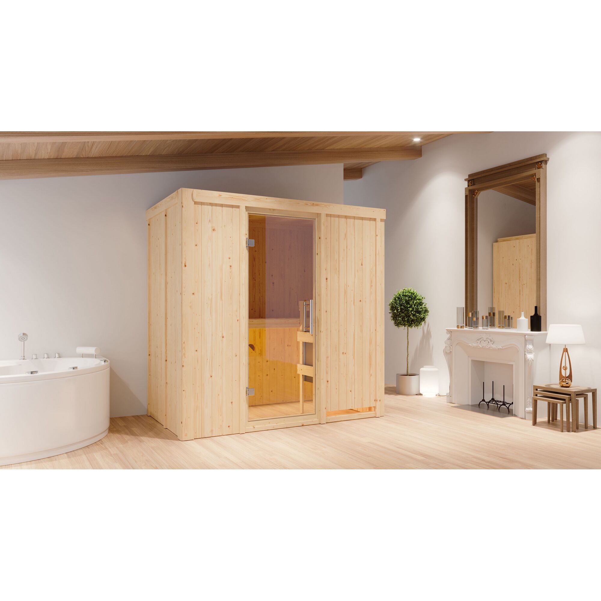 Sauna aus hellem Holz in einem Badezimmer.