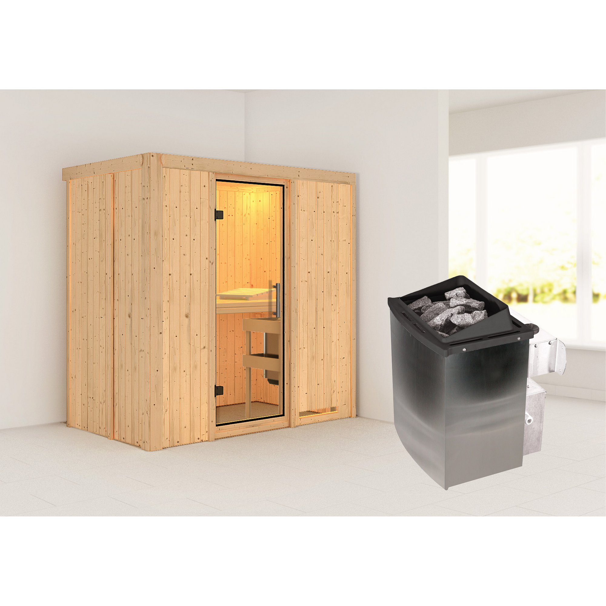 Elementsauna 'Aina' naturbelassen mit Klarglastür 9 kW Ofen integrierte Steuerung 196 x 118 x 198 cm + product picture