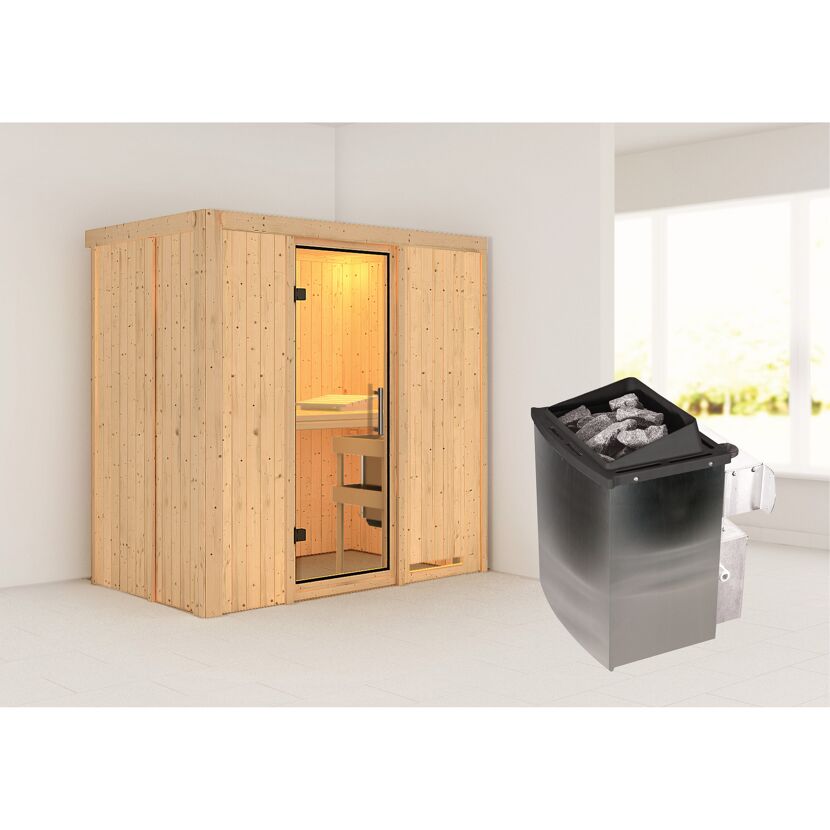Sauna aus hellem Holz mit Saunaofen