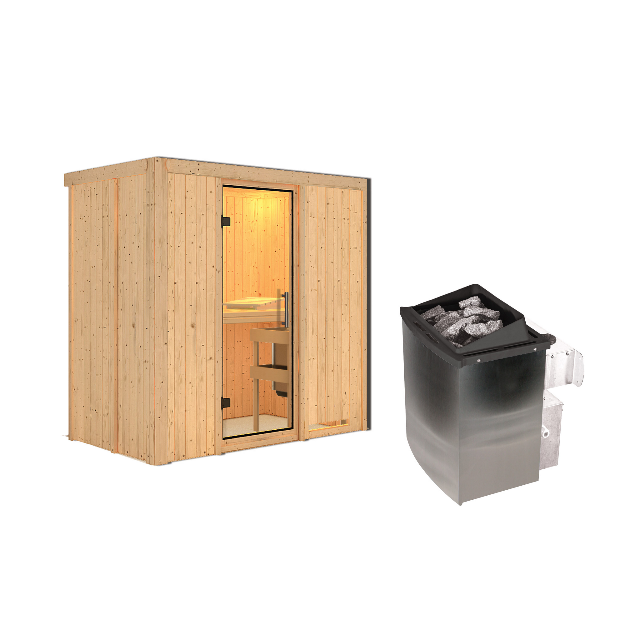 Elementsauna 'Aina' naturbelassen mit Klarglastür 9 kW Ofen integrierte Steuerung 196 x 118 x 198 cm + product picture