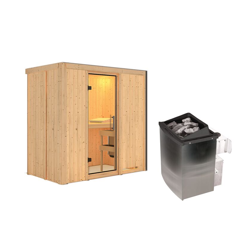 Sauna aus hellem Holz mit Saunaofen