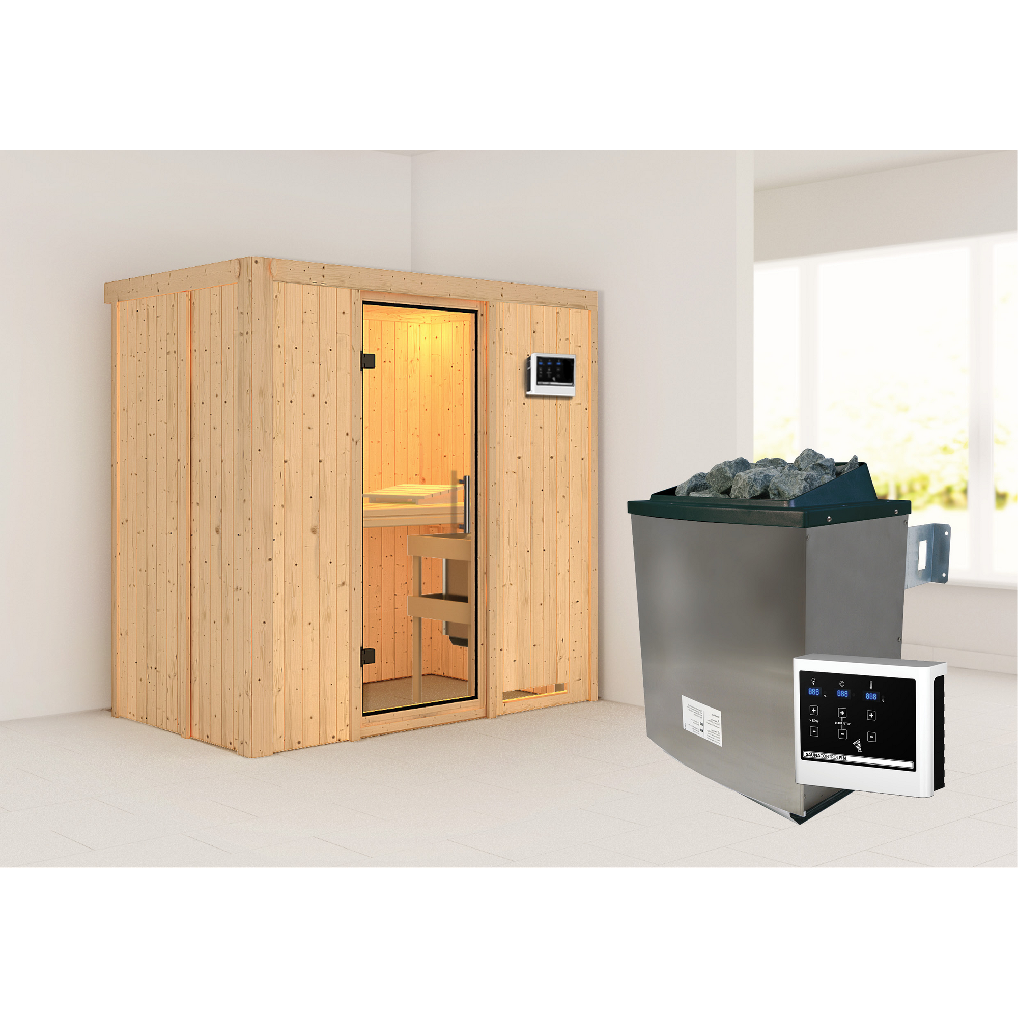 Sauna aus hellem Holz mit Saunaofen