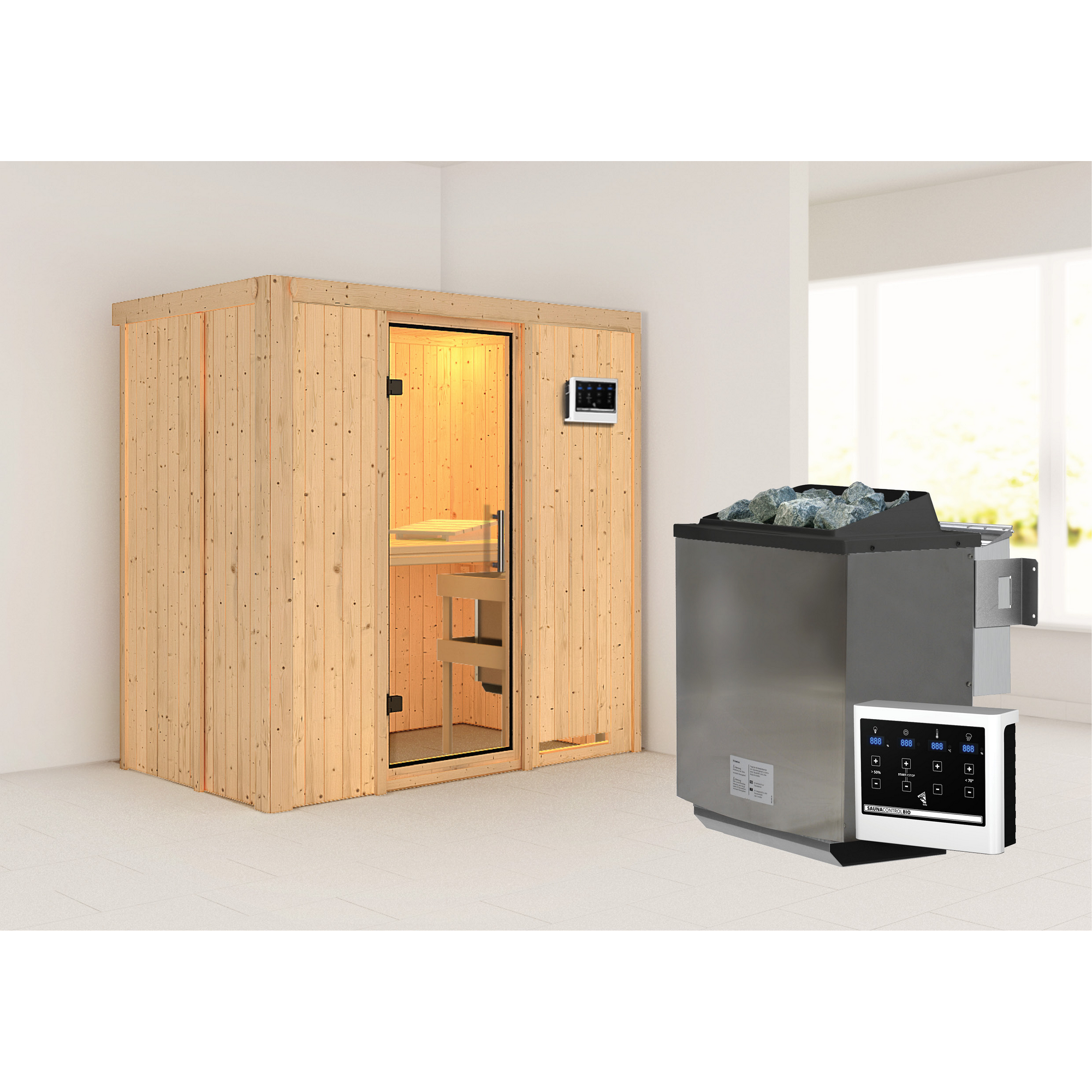 Elementsauna 'Aina' naturbelassen mit Klarglastür 9 kW Bio-Ofenkombi externe Steuerung easy 196 x 118 x 198 cm