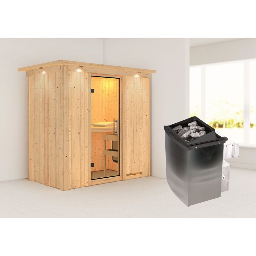 Elementsauna 'Aina' naturbelassen mit Kranz und Klarglastür 9 kW Ofen integrierte Steuerung 210 x 132 x 202 cm