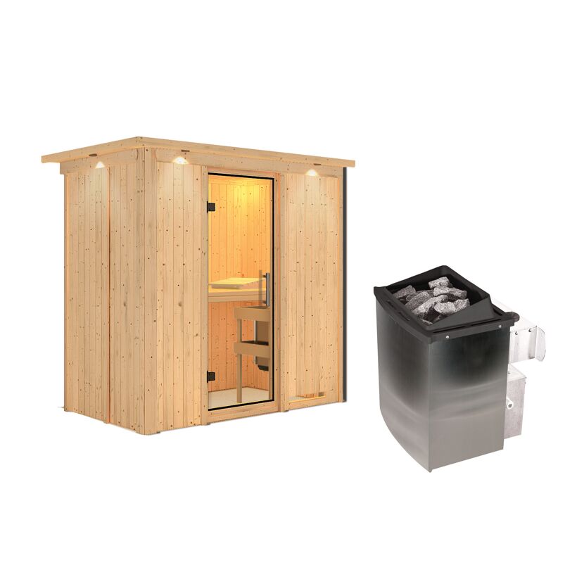 Elementsauna 'Aina' naturbelassen mit Kranz und Klarglastür 9 kW Ofen integrierte Steuerung 210 x 132 x 202 cm